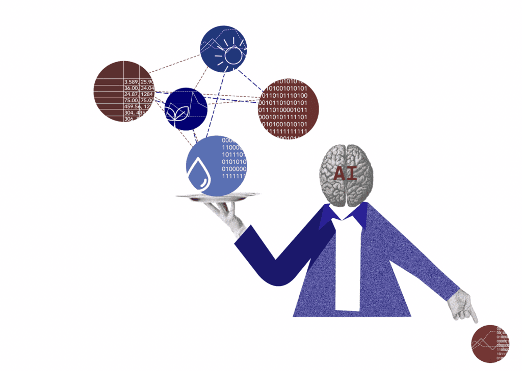 Illustration of a person with an AI brain holding a tray with interconnected circles representing environmental data and biophilic elements. The circles include symbols for sunlight, water, and binary code, symbolizing the integration of AI in optimizing green design.