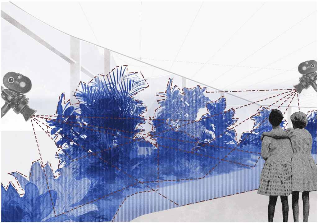 Two silhouettes observe a futuristic space filled with vibrant blue plants, symbolizing the transformative impact of VR and AI in green design implementation.