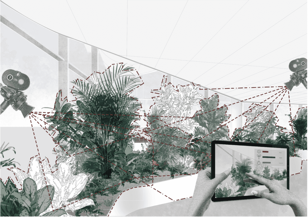 An array of lush green plants fills the space as an AI hologram projection hovers above, showcasing innovative green design concepts in action.
