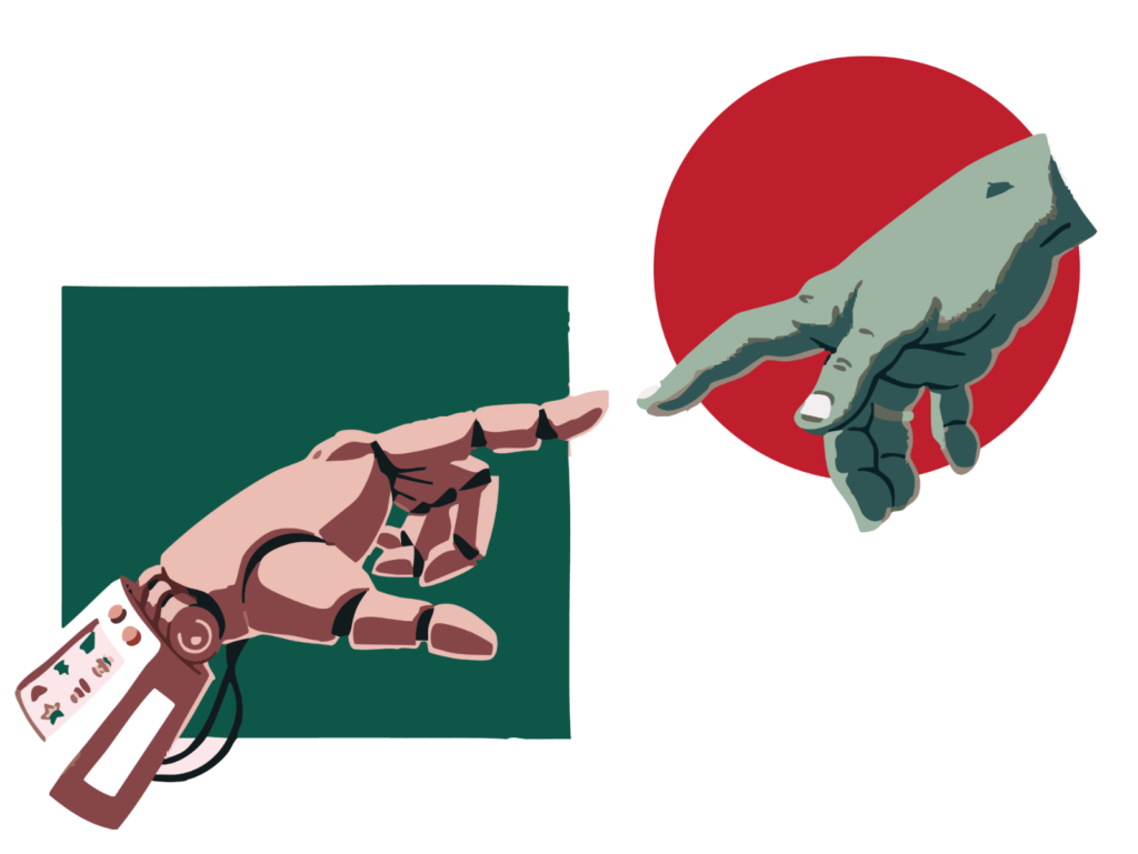 Illustration of a robotic hand and human hand reaching toward each other, symbolizing collaboration between artificial intelligence and human creativity