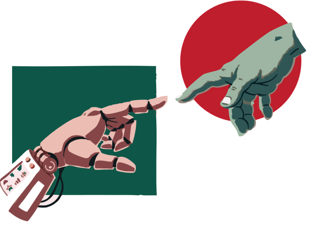 Robot hand reaching toward human hand symbolizing collaboration between artificial intelligence and human designers in sustainable design