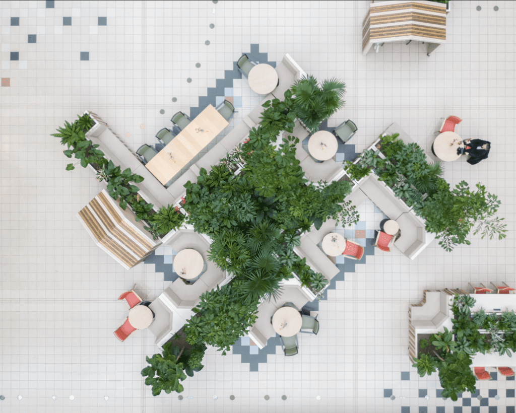 Overhead view of Dr. Sarphatihuis in Amsterdam, showcasing modular Floating Island Modules—mobile planters and seating that enable flexible and adaptive space design.