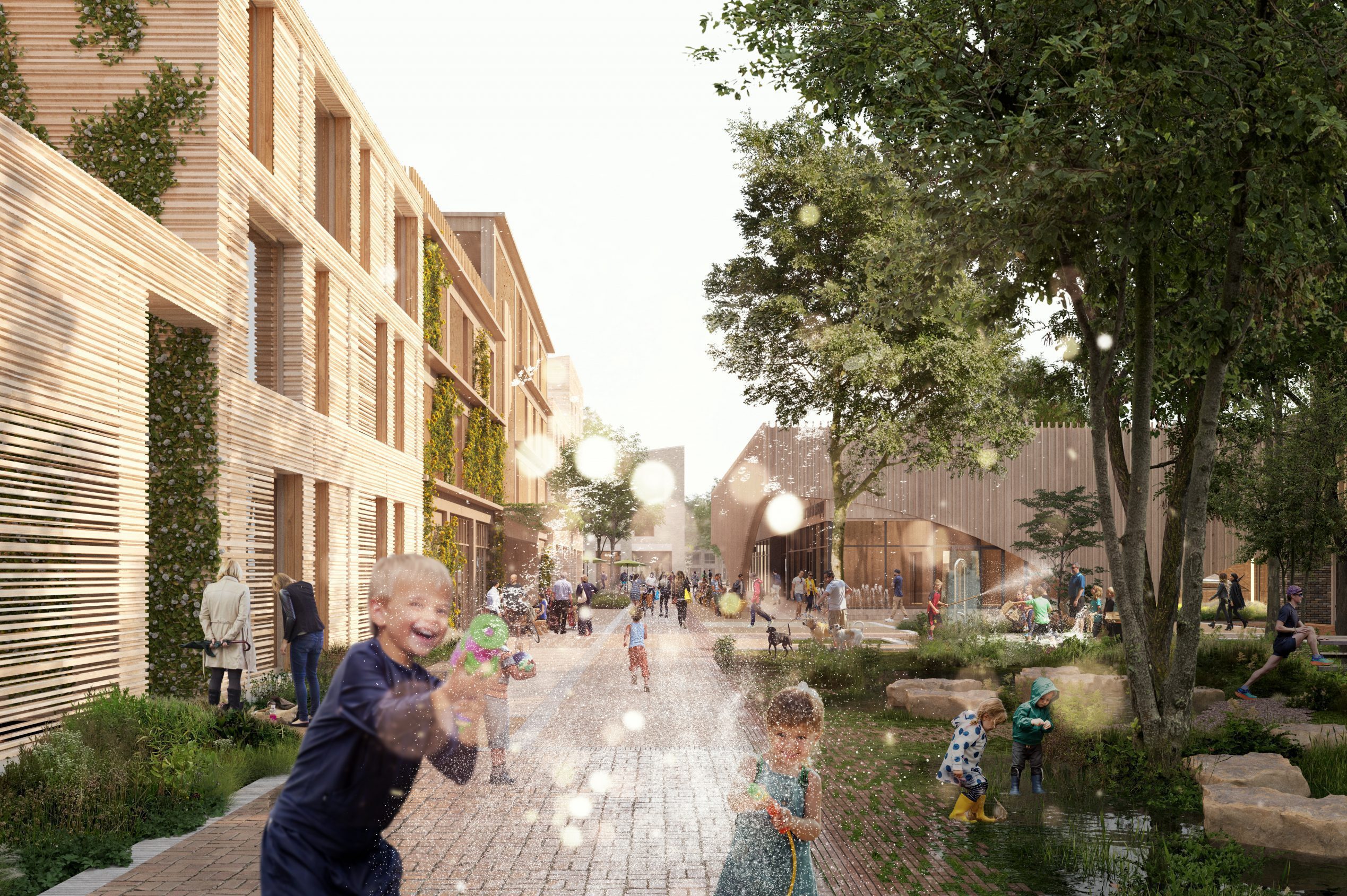 Children playing with water in a lively, green courtyard at Lincoln Park Centrum, surrounded by eco-friendly wooden buildings with vertical gardens. The space is filled with families, lush greenery, and a natural play area, reflecting a sustainable and community-focused urban design.