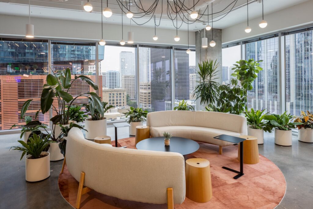 Loungehoek in het Miro-kantoor in Austin met gebogen banken, planten in witte potten en grote ramen met uitzicht op de stad.