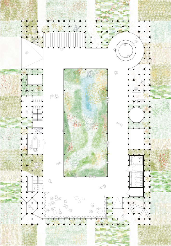 Render of a timber pavilion walkway overlooking a courtyard with trees, flowering plants, grasses, and a narrow water channel.