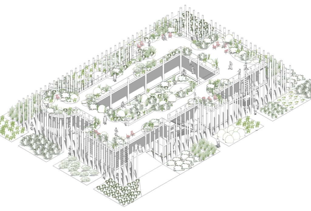 Axonometric drawing of the proposed pavilion with rooftop planting, seating, stairs, and timber columns around a central courtyard.