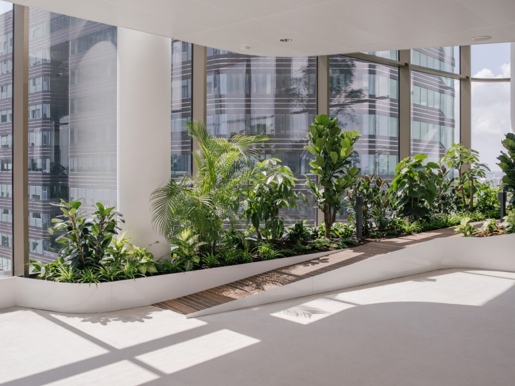 Alt Text  Biophilic indoor park at Central Park Utrecht featuring lush planting, natural daylight, and panoramic city views from a sustainable office tower.
