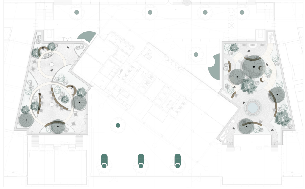 Landscape plan for Rijkswaterstaat Westraven in Utrecht showing MOSS’s biophilic garden design surrounding the office building.