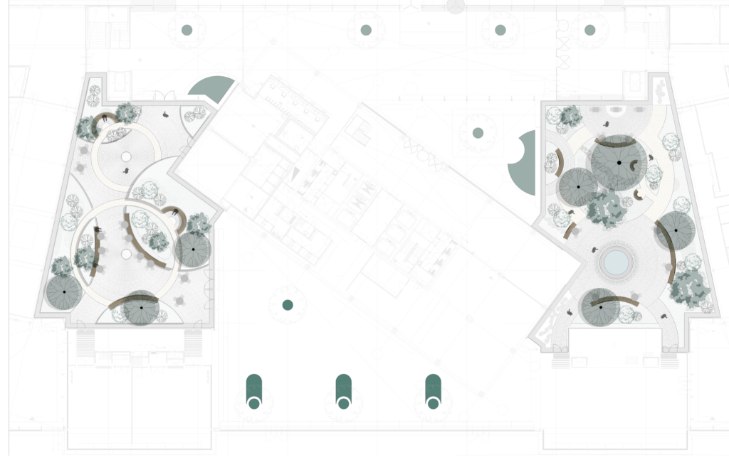 Landscape plan for Rijkswaterstaat Westraven in Utrecht showing MOSS’s biophilic garden design surrounding the office building.