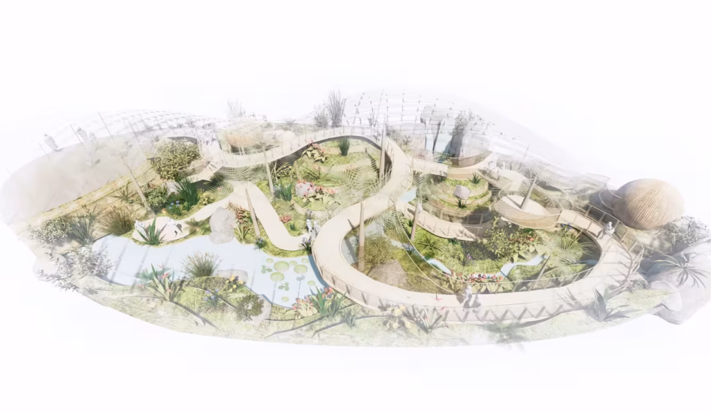 Tropical biome inside Aldin Biodome with layered planting and immersive pathways