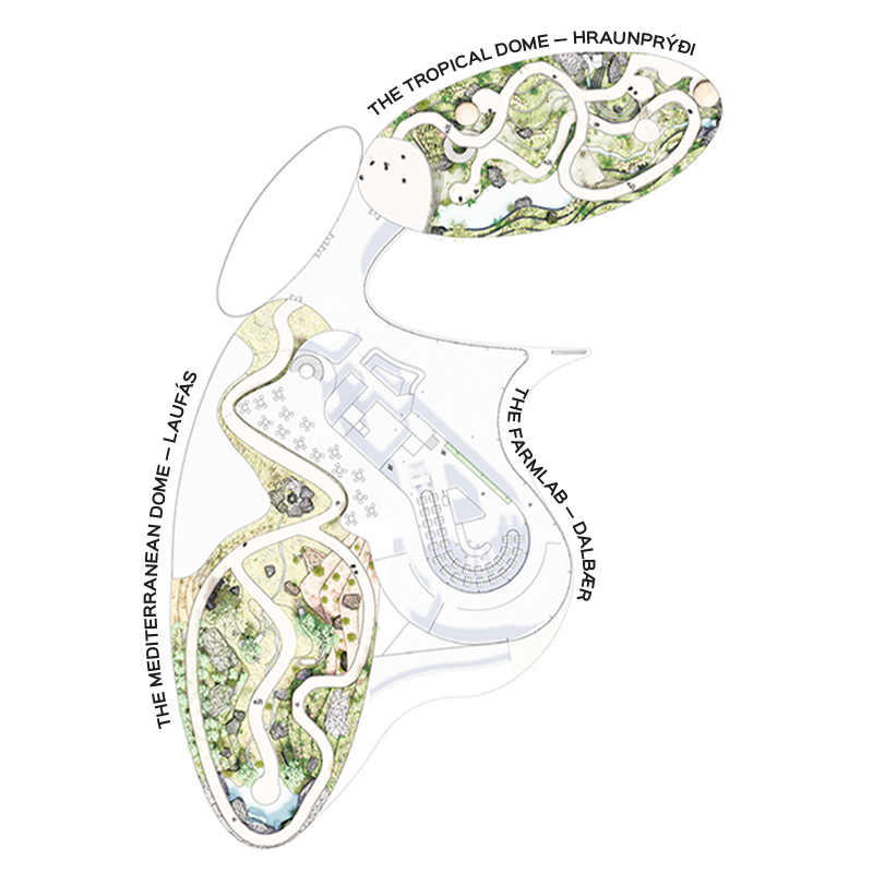 Masterplan of Aldin Biodome Iceland showing tropical dome, Mediterranean dome, and farm lab layout with biophilic landscape design