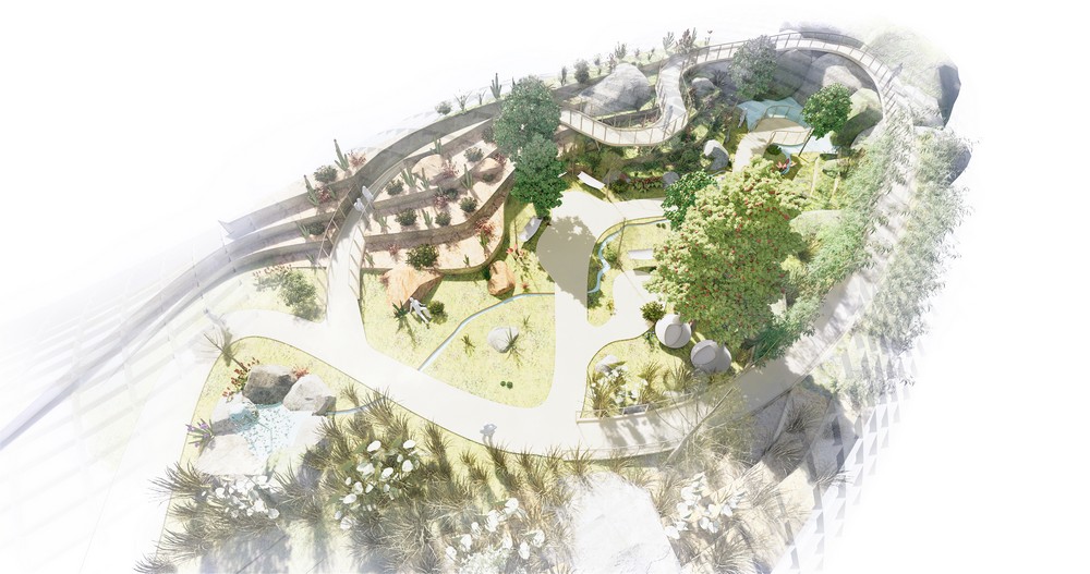 Axonometric design of Aldin Biodome Iceland showing planted landscape, paths, and biodiversity zones