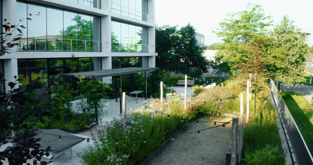 Naturalistic office garden terrace at AM-Office Utrecht with native planting and outdoor seating by MOSS