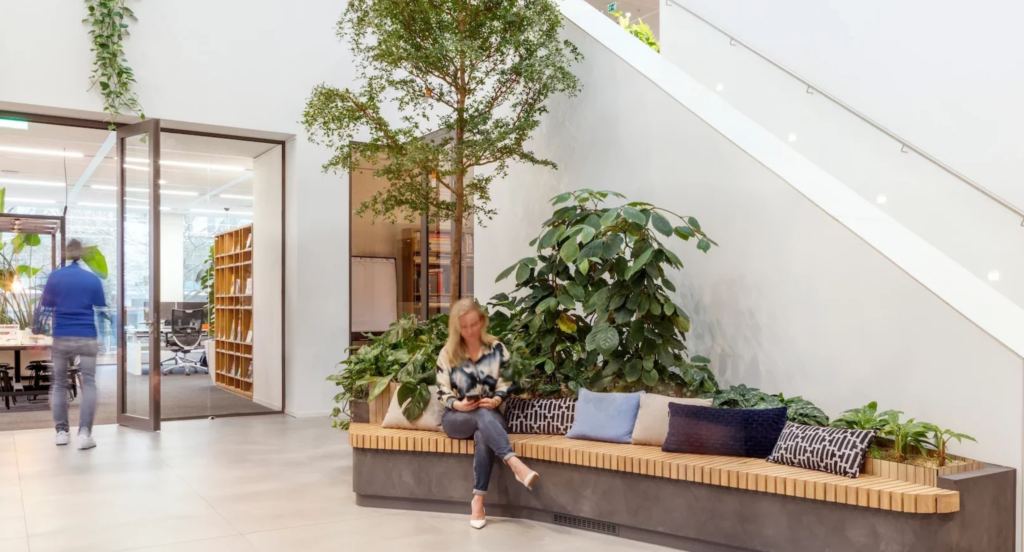 Biophilic office atrium at AM-Office Utrecht featuring integrated wooden seating, indoor trees and lush planting by MOSS