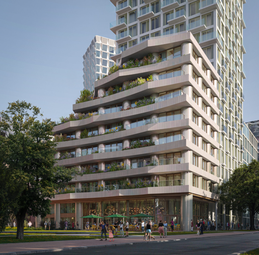 CECI Amsterdam façade with planted balconies and active ground floor public space