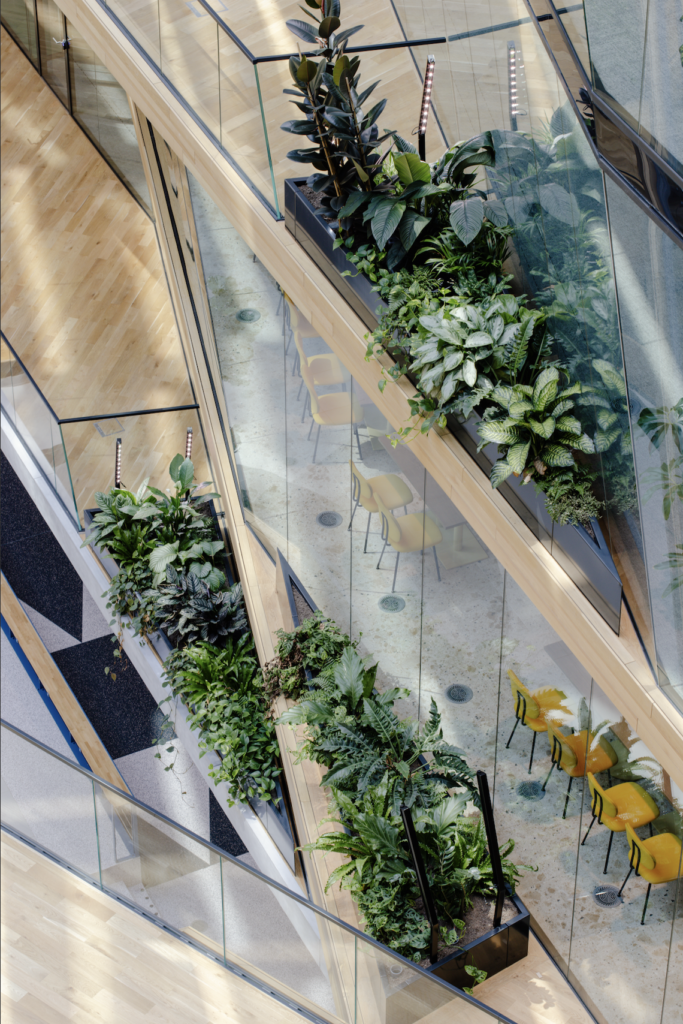 Biophilic workspace with integrated seating and lush indoor planting at Booking.com Campus Amsterdam by MOSS