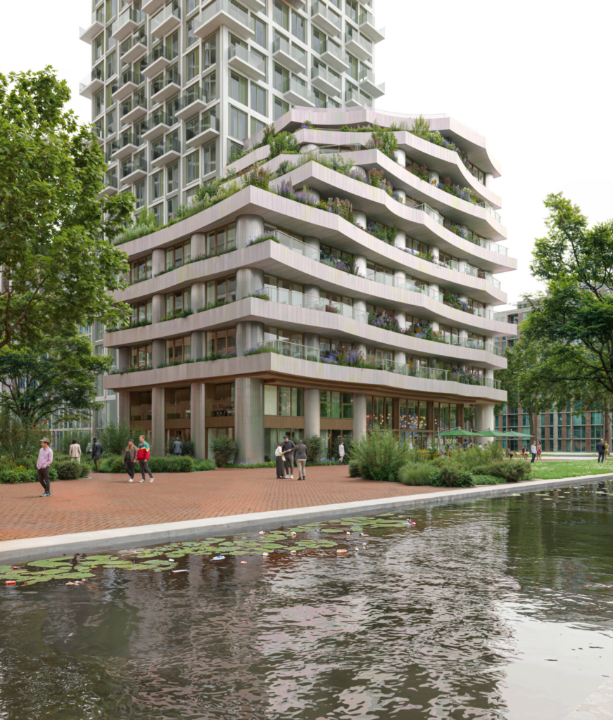 CECI Amsterdam residential building with green terraces and waterside landscapeMixed-use residential building CECI in Amsterdam featuring layered terraces with integrated planting, located along the water and surrounded by urban greenery