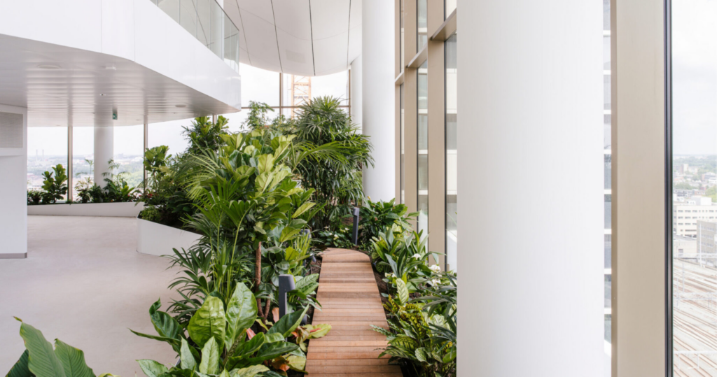 Light-filled indoor garden with trees, water feature and biophilic design inside Central Park Utrecht office tower