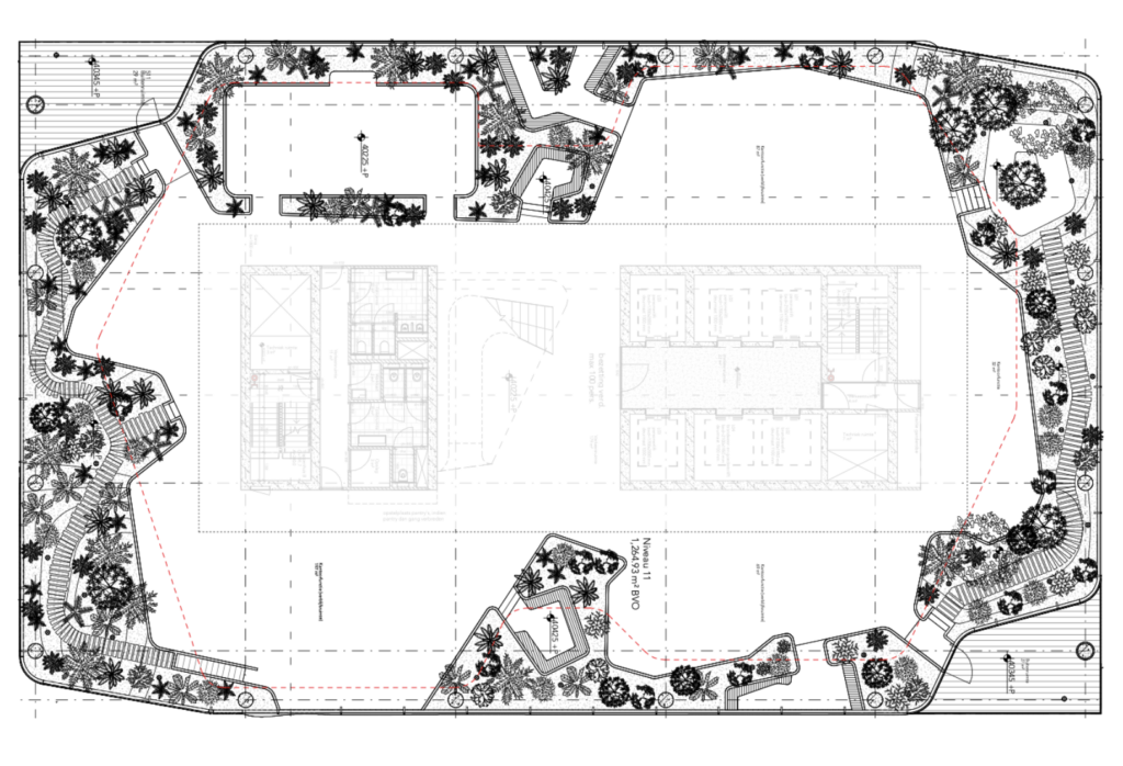 Landscape design plan of indoor park at Central Park Utrecht showing planting layout, pathways and biophilic office integration by MOSS