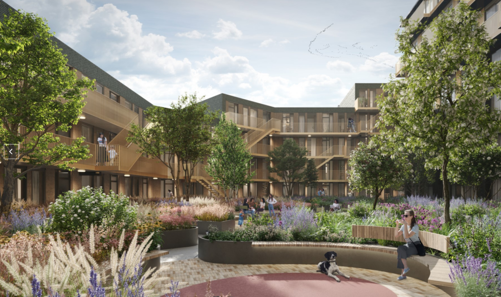 Biophilic courtyard garden at Cluster 7 Amsterdam with diverse planting, seating, and communal outdoor space