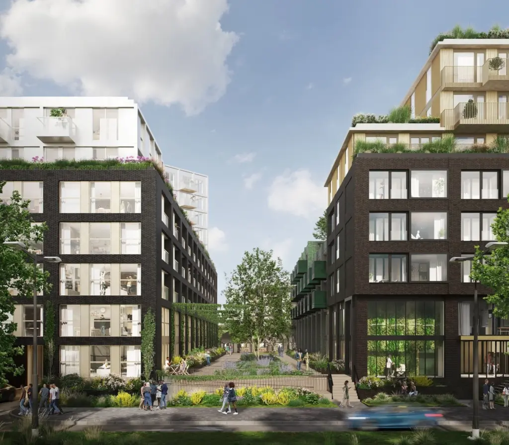 Cluster 7 Amsterdam residential buildings with green courtyard entrance and biophilic urban housing design
