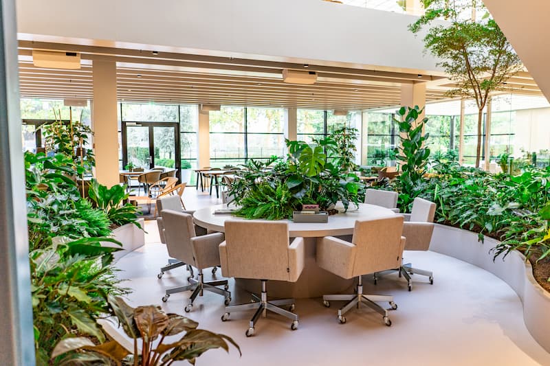 Collaborative workspace at elho Tilburg featuring integrated indoor planting, biophilic design, and flexible meeting spaces surrounded by greenery.