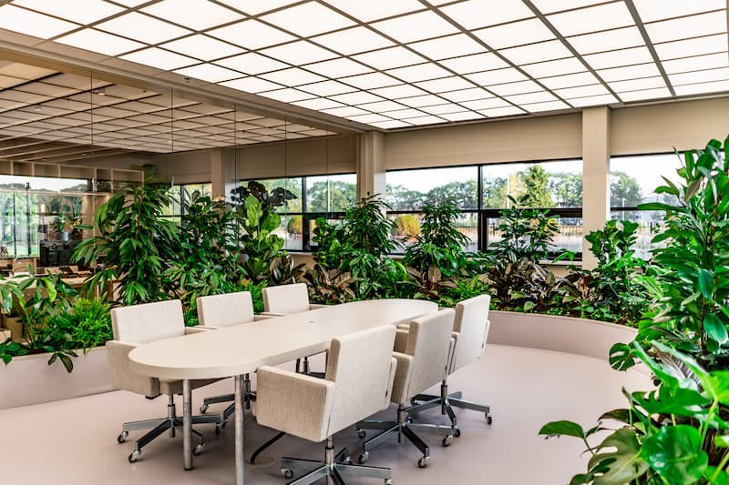 Meeting room with indoor garden planting at elho Tilburg sustainable office biophilic design