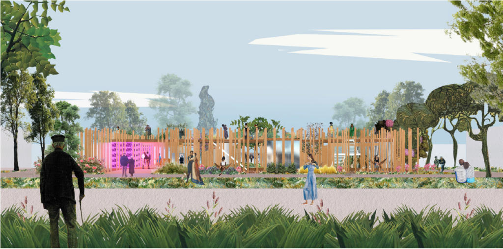 Exterior render of a low timber pavilion surrounded by flowering gardens, with visitors on a planted rooftop and paths below.