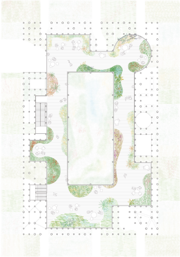 Top-down landscape plan showing planted beds, tables, seating, and stairs around the proposed pavilion’s rectangular central courtyard.