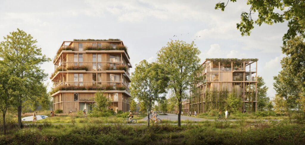 Wildgroei Utrecht biophilic residential development with timber apartment buildings, native landscaping, and cyclists surrounded by biodiverse greenery.
