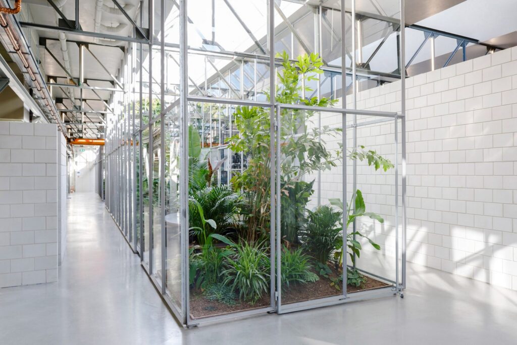 Indoor greenhouse workspace with tropical planting at Joolz headquarters in Amsterdam designed by MOSS