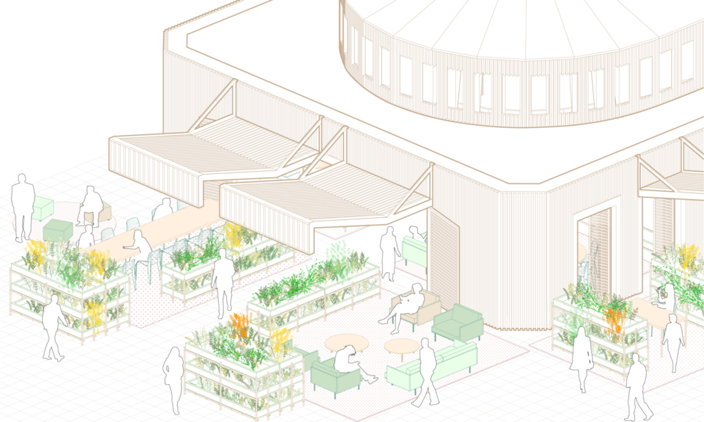 Design diagram of Rijkskantoor B73 showing modular planters and biophilic workspace layout