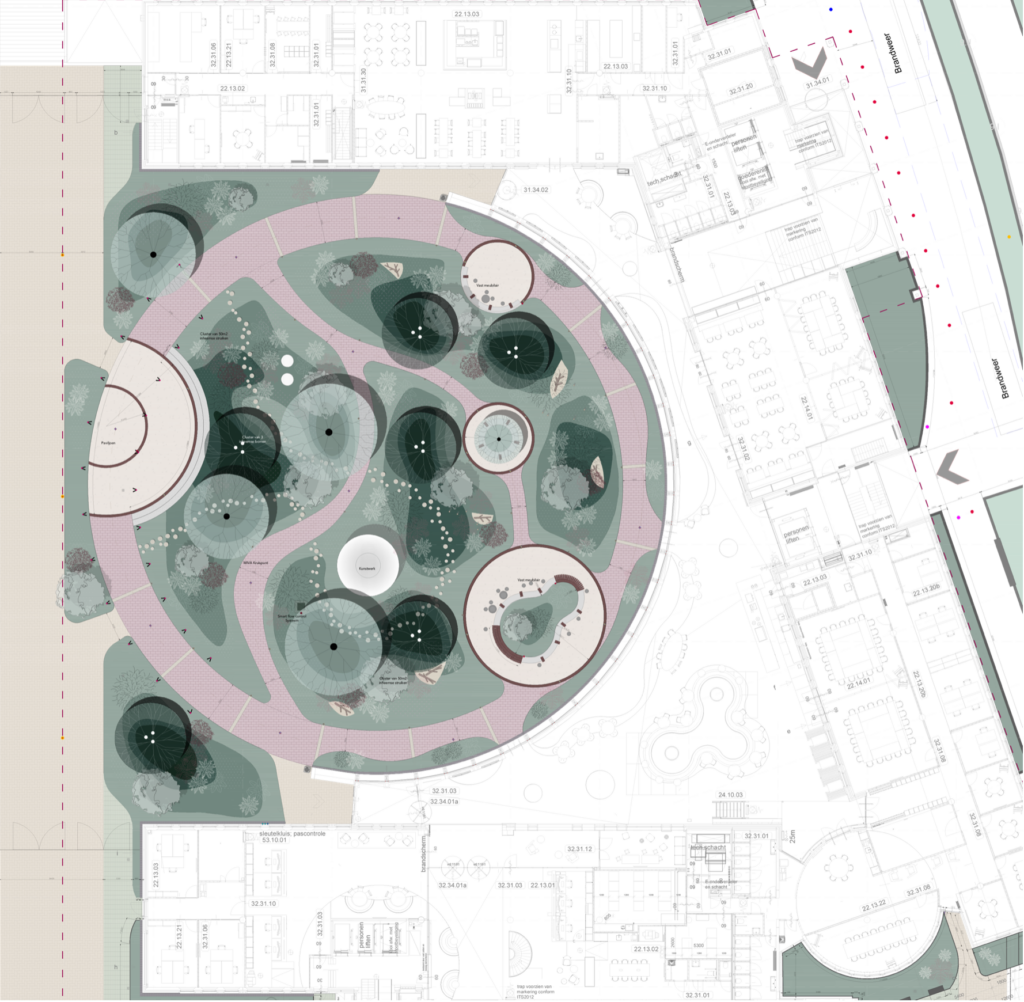 Landscape architecture overlay plan for The Universe in The Hague combining planting design with architectural floor plans and courtyard circulation.