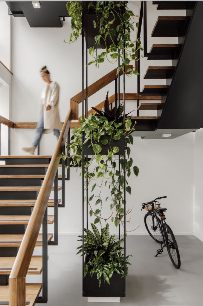 Biophilic staircase with vertical planter and trailing greenery in industrial office at The Wearhouse Amsterdam