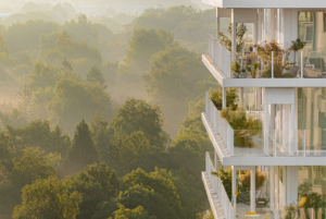 Green terrace detail at De Voortuinen Amsterdam showing planted balconies with trees and shrubs overlooking urban nature