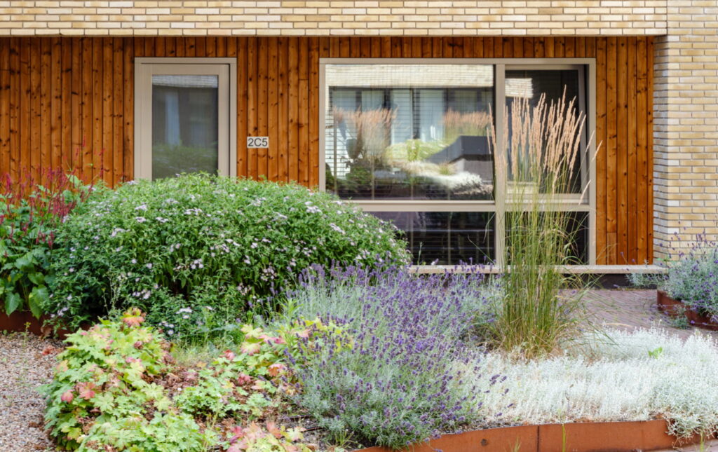Geveltuin met vaste planten en siergrassen in de binnentuin van Westbeat Amsterdam