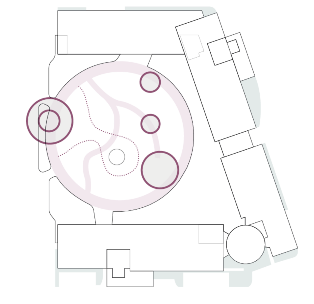 Landscape circulation diagram for The Universe office courtyard showing pedestrian movement routes and circular pathways integrated into the biophilic masterplan.