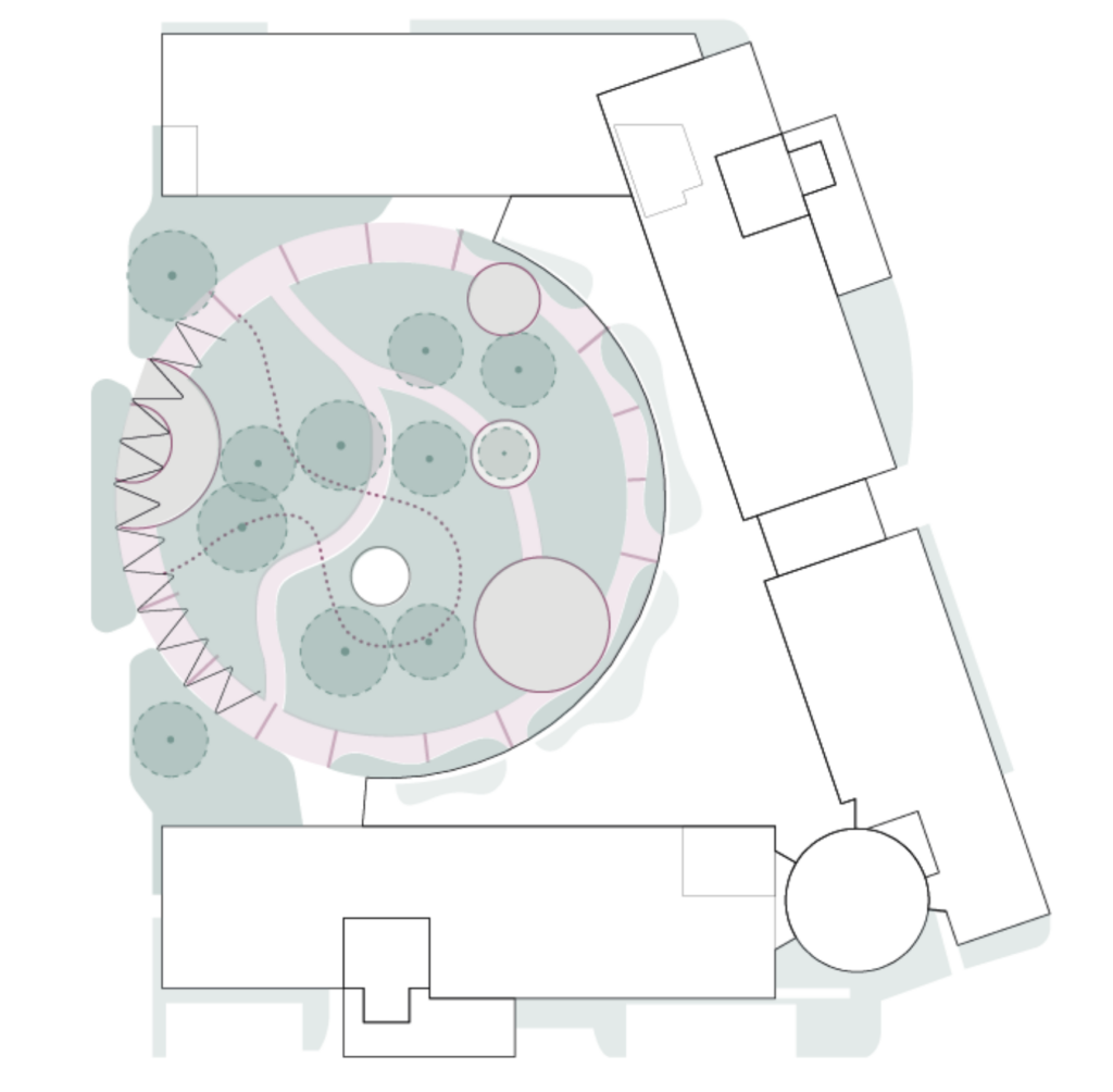 Detailed landscape architecture plan for The Universe courtyard in The Hague featuring biophilic planting design, curved pathways, trees, seating areas, and integrated greenery by MOSS.