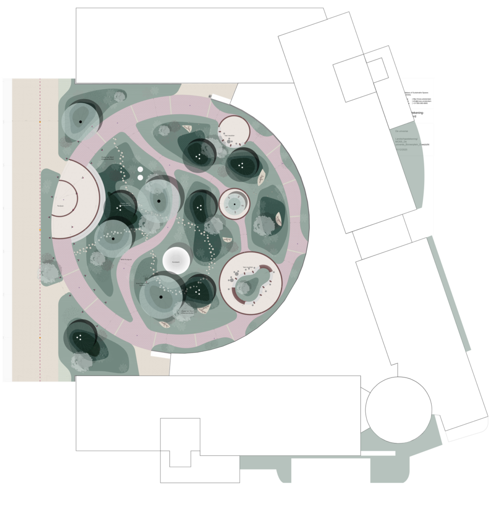 Final courtyard landscape plan for The Universe office redevelopment in The Hague with biophilic planting, circular pathways, trees, and social gathering spaces designed by MOSS.
