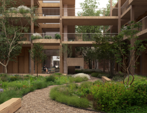 Visualization of a biodiverse communal courtyard at Lincoln Park Hoofddorp featuring timber residential buildings, natural planting, winding pathways, native vegetation, and outdoor gathering spaces.