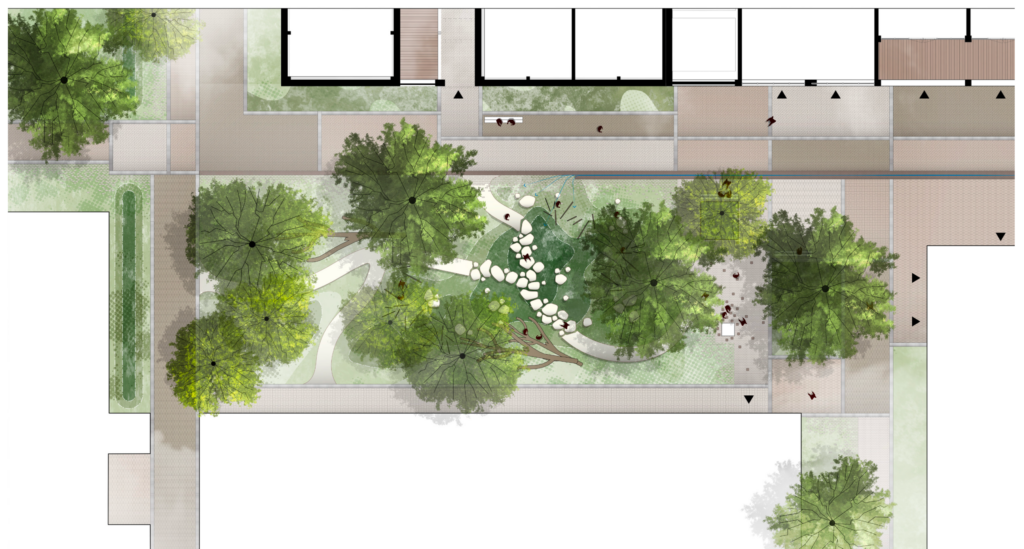 Landscape masterplan for Lincoln Park Hoofddorp illustrating biodiverse planting, climate-adaptive water management, winding pathways, mature trees, and communal green spaces designed by MOSS.