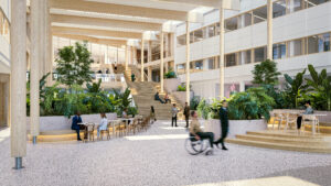 Biophilic office atrium with indoor trees, seating areas, and natural wood structure at Haagse Veste IV sustainable workplace