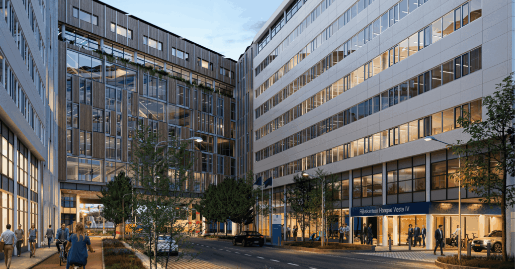 Haagse Veste office complex in The Hague featuring nature-inclusive architecture, urban greenery, and sustainable workplace design.