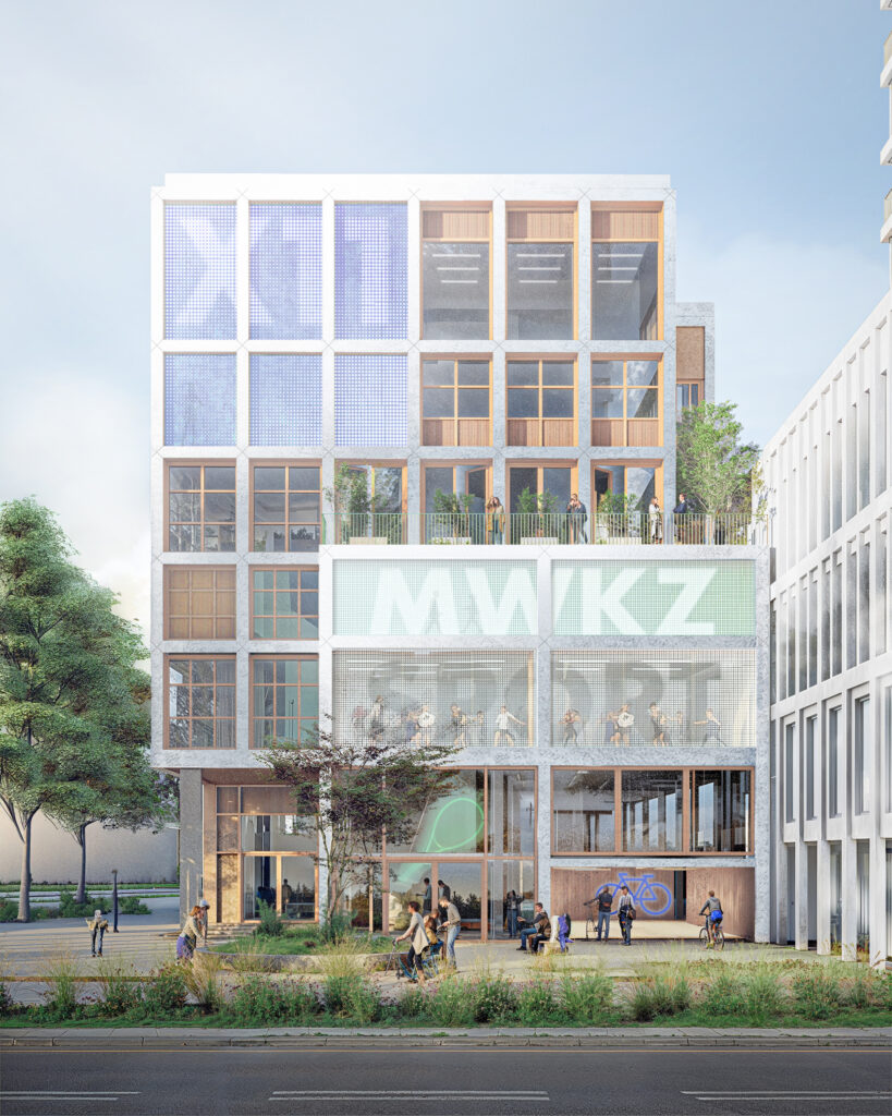 Exterior rendering of X11 Utrecht creative campus by NEXT Architects and Rademacher de Vries, featuring a transparent mixed-use facade with cultural spaces, studios, and public greenery in Utrecht.