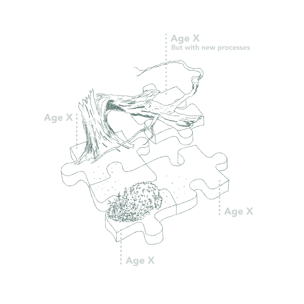 Diagram showing interconnected ecological systems within building design using puzzle elements