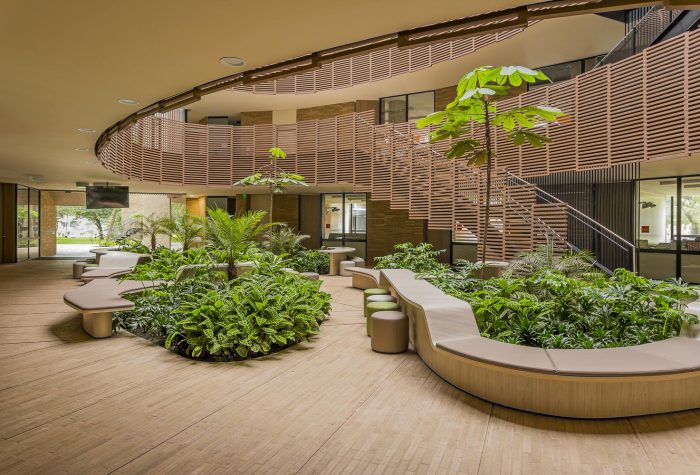 School atrium with integrated planting, seating, and natural materials supporting student interaction