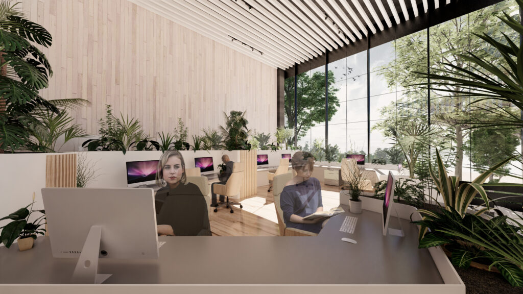 Office corridor with integrated planting, large windows, and biophilic design connecting workspace and nature