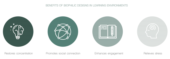 Icons illustrating benefits of biophilic design including improved concentration, social connection, engagement, and reduced stress