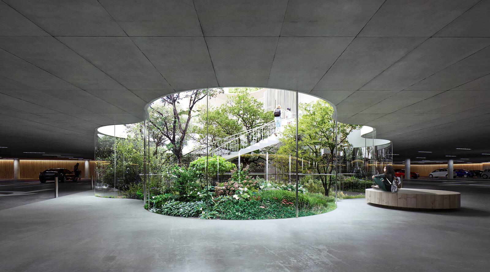 Biophilic indoor garden with trees and planting inside a glass enclosure in a modern parking garage with circular skylight and staircase