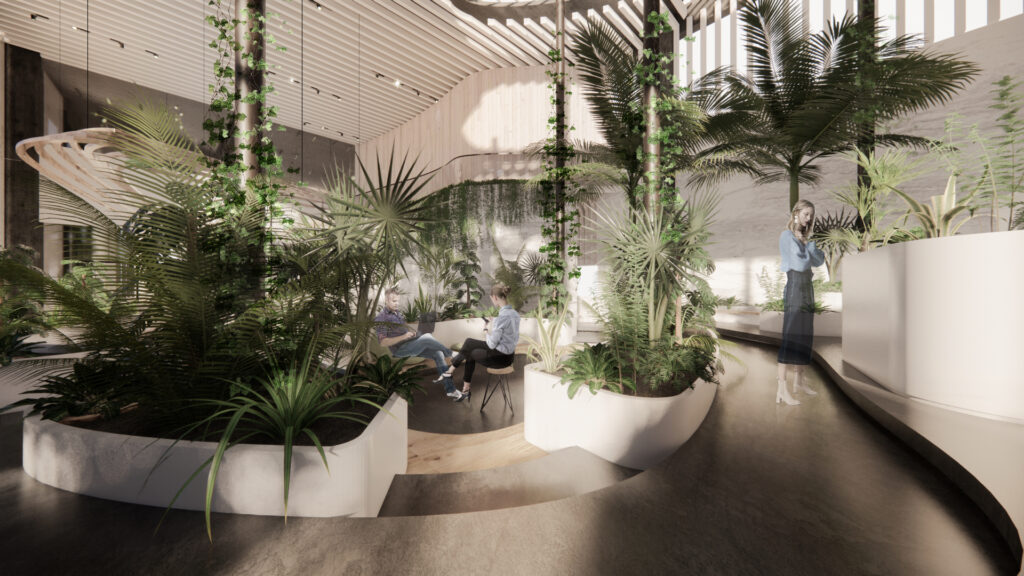 Biophilic office meeting room with indoor plants, wooden ceiling design, glass walls, and natural light